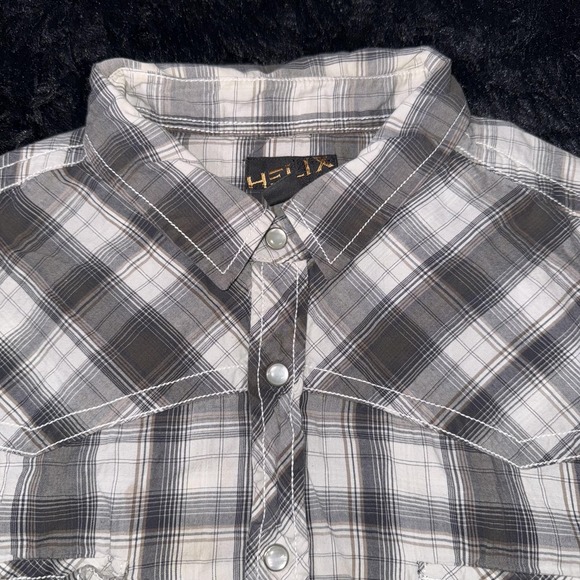 Helix Shirt Mens Extra Large Gray White Plaid Pearl Snap Western Short Sleeve - Picture 3 of 7